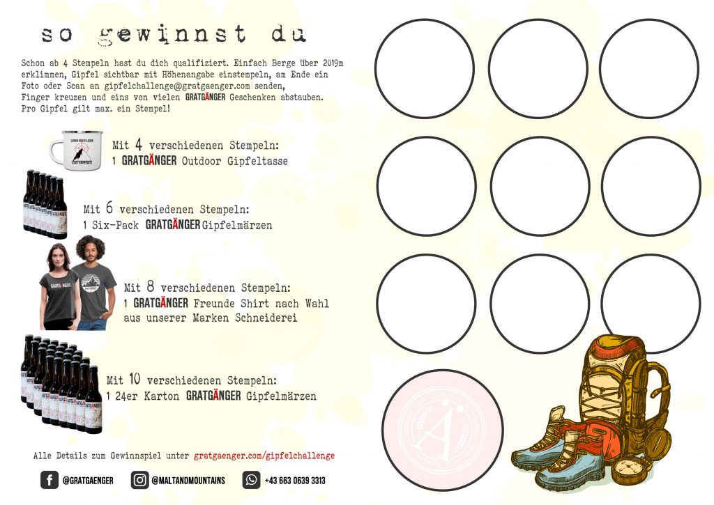 Gratgänger Gipfel Challenge 2019 - Die ultimative Herausforderung - sammle 10 Gipfelstempel bis 31.10. und gewinne tolle Preise